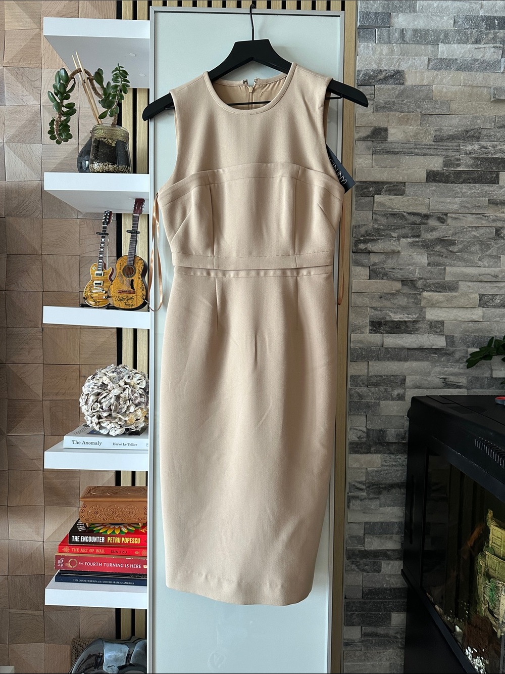 Sleeveless Beige Midi Sheath Dress - Brand: